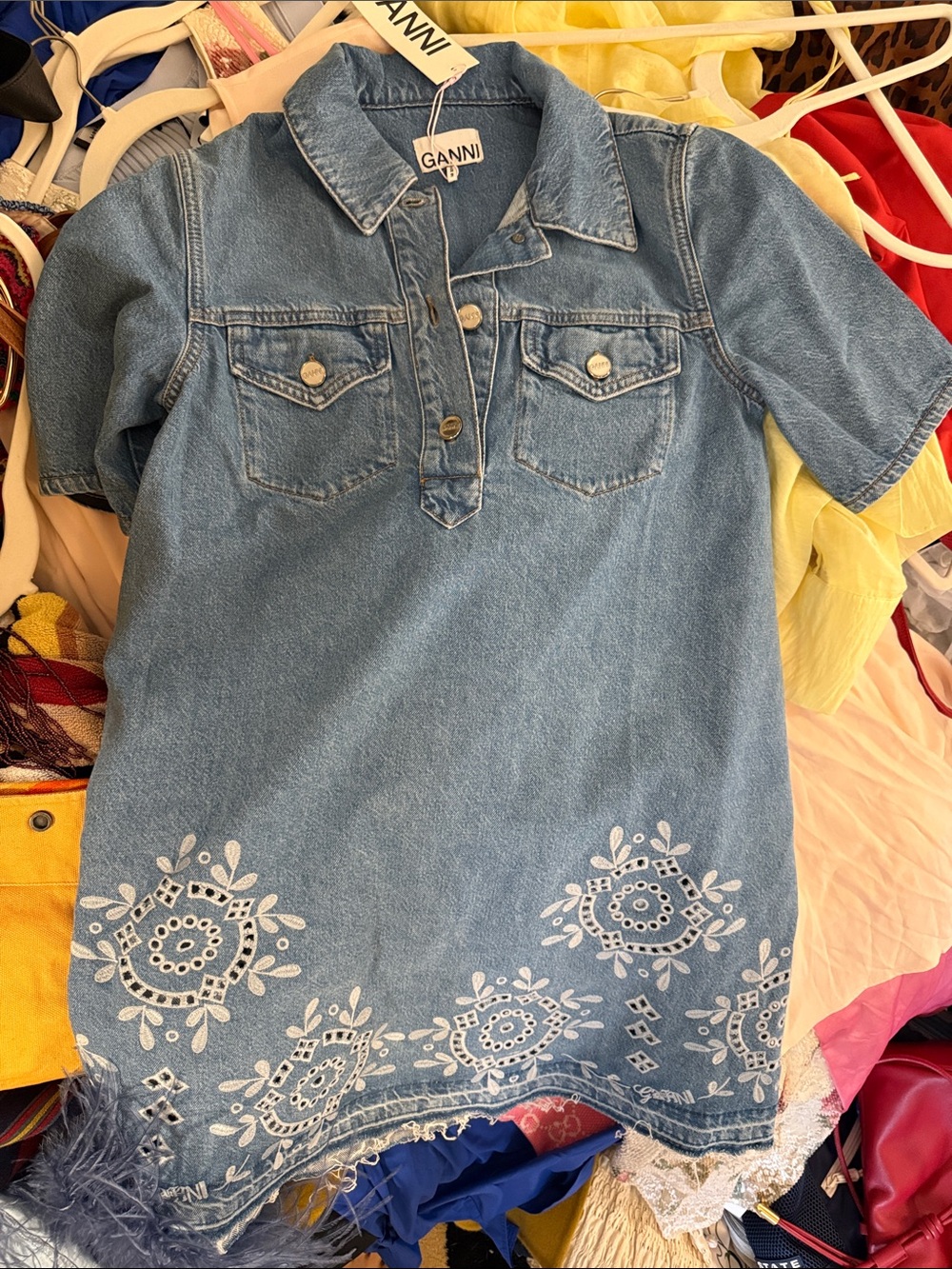 Ganni Light Blue Denim Short-Sleeve Embroidered Dress